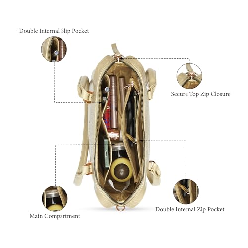 Caprese Macie Small Satchel Bag for Women | Solid Faux Leather Handbag with Adjustable & Detachable Strap | Stylish Shoulder Bag with Zipper Closure | Everyday Office, Travel & Casual (Alpine Oat)