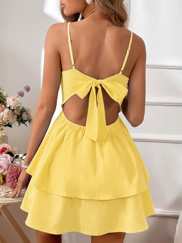 Marivoné® Women Backless Bow-Tie Mini Dress | Sleeveless Spaghetti Strap Solid Color Slim-Fit Summer Dress Yellow