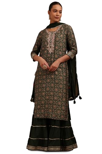 Soch Womens Green Muslin Ethnic Motifs Salwar Suit With Zari