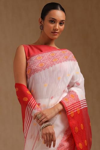 Soch Womens White Cotton Woven Design Saree