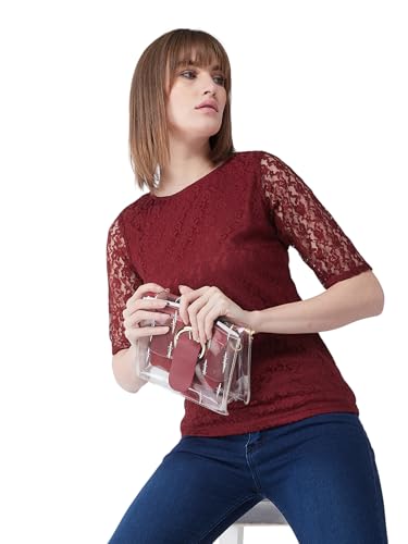 Miss Chase Women's Round Neck Half Sleeves Basic Lace Crop Top (MCAW25DEN63-03-616-03, Bright Maroon, S)