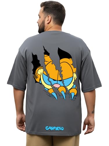 Bewakoof Plus Official Garfield Merchandise Men's Graphic Print Oversized Fit Half Sleeve Round Neck Cotton Plus Size T-Shirt_694208_Grey_5XL