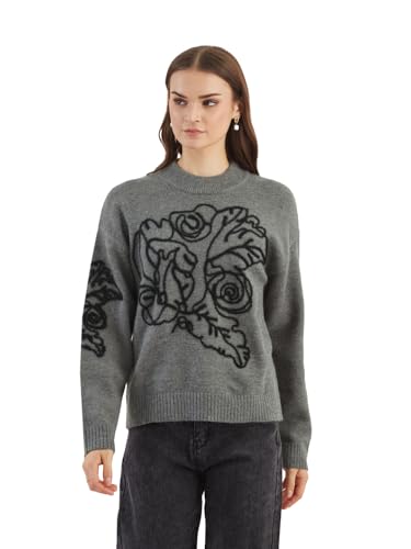 Latin Quarters Women's Grey Full Sleeves Round Neck Self Design Casual Hip Length Sweater_L
