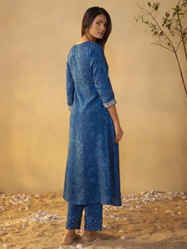 Arangya Embroidered Neckline Blue Kurta & Sequin Work Pant l Pure Cotton Flared Ethnic Wear Suit Set l Festival