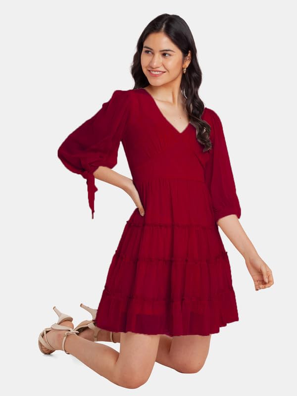 Zink London Women's Crimson Red Solid Fit and Flare Short Dress