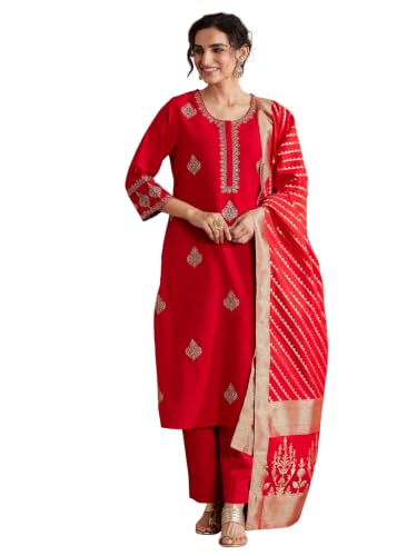 BIBA Poly Viscose Solid Straight Festive Kurta With Palazzo And Dupatta