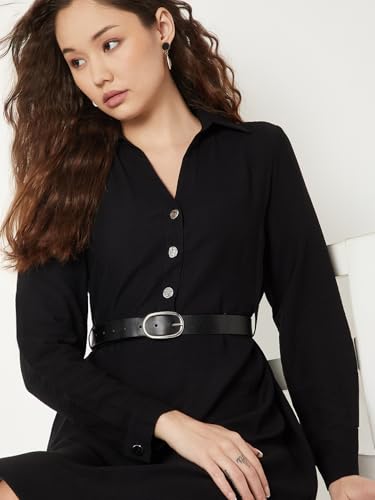 Max Women Solid A-line Shirt Dress with Belt (Black_XS)