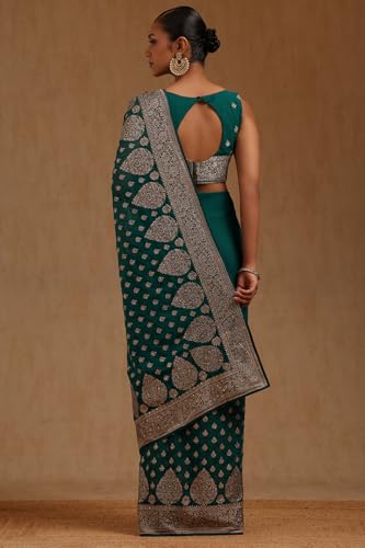 Soch Womens Turquoise Blue Georgette Embroidered Saree With Stone Work