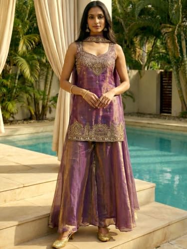 Leeli Peeri Designer Women's Fendy Satin Embroidery Work Kurta Palazzo With Dupatta…