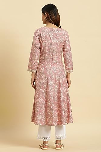 W for Woman Pink Floral Foil Printed Flared Kurta (Size: 2XL)-23AUW19799-119500