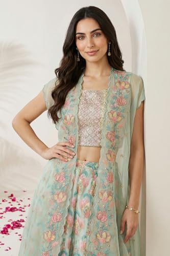 Wishful Women's Sea Green Embroidered Blouse with Printed Flared Skirt and Embroidered Jacket Set - (SP13601-225005-XL)