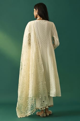Wishful Women's Off-White Embroidered Anarkali Cotton Blend Kurta with Straight Pants and Dupatta Set - (SP12572-314255-L)