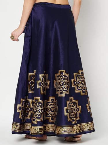 studio rasa Women's Dupion Hand Block Printed Bias Skirt for Wedding Festive Party (SKTC52408_Navy_Small)
