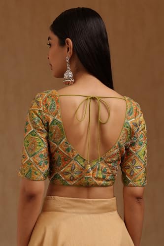 Soch Womens Olive Satin Ethnic Motif Padded Blouse with Sequins