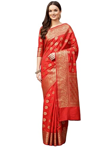 AKHILAM Women's Red Silk Blend Paisley Printed Saree With Unstitched Blouse Piece (2RAWS9032_AI)