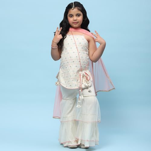BIBA Girls Cotton Embroidery Relaxed Kid Top With Palazzo Set(KW5093_CREAM_7), 7-8 Years