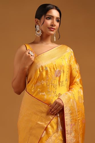 Soch Womens Mustard Satin Botanical Saree With Zari Woven