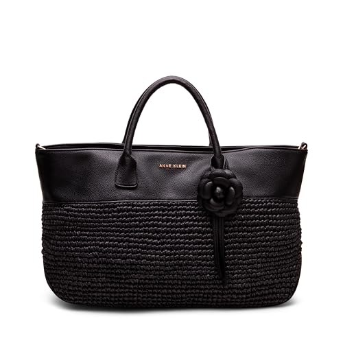 Anne Klein EW Tote with Floral Applique, Black, Black, X- Large