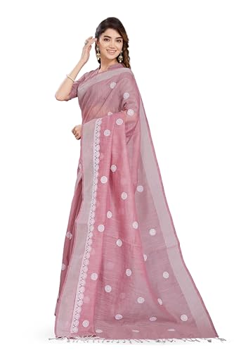 RANI SAAHIBA Women's Poly Cotton Embroidered Saree With Blouse Piece (SKR13767_Pink)