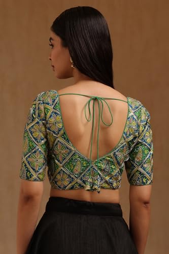 Soch Womens Green Satin Ethnic Motif Padded Blouse with Sequins