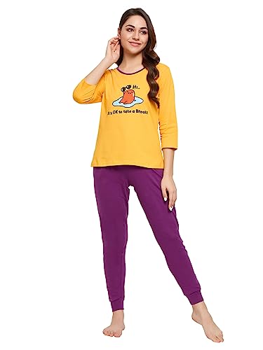 Clovia Women's Cotton Graphic Print Top & Solid Pyjama Set (LS0581P07_Yellow_M)