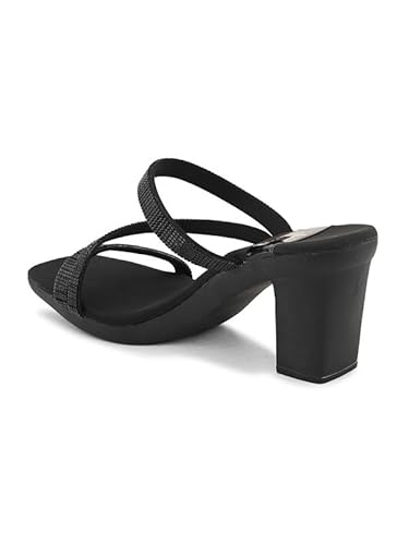 XE Looks Black Women's Fashion Sandals | Faux Leather Soft and Trendy SlipOn Block Heel | Casula & Wedding Occasion | For Women & Girls