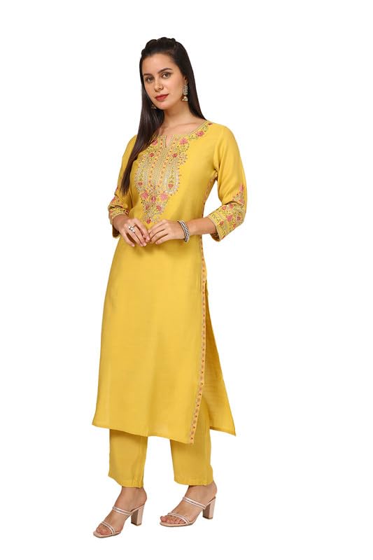 Soch Womens Mustard Viscose Blend Embroidered Kurta Set With Sequins