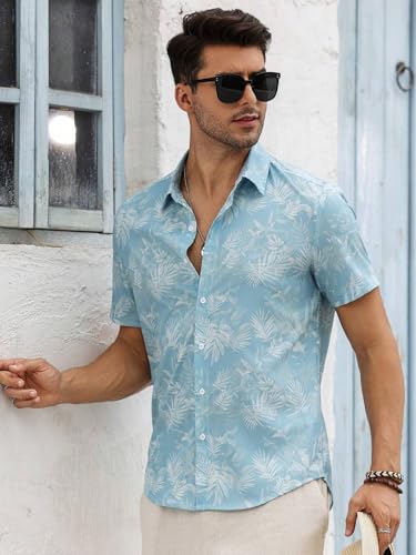 VastraVibes Men’s Tropical Printed Casual Shirt | Slim Fit Short Sleeve Summer Shirt | Lightweight Breathable Fabric | Beach & Vacation Wear (in, Alpha, L, Regular, Sky Blue)