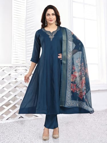 DARIKA Women's Navy Blue Embroidered Kurta Pant Dupatta Set | Floral Printed Organza Dupatta | Ethnic Suit Set for Women & Traditional Dress