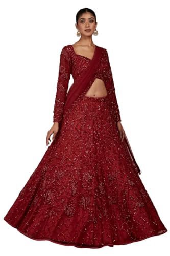Women's Red Net Reception Lehenga with Sweetheart Neck