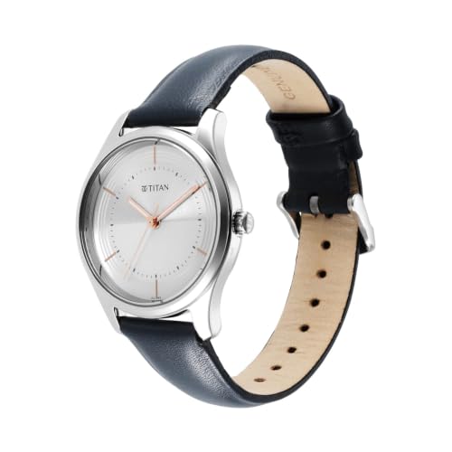 Titan Plain 3 Hands Work Wear Silver White Round Dial Blue Ceramic Leather Strap Womens Watch - NR2639SL07