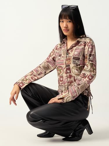 The Souled Store Hello Kitty: Delish Women and Girls Full Sleeves Spread Collar Beige Graphic Printed Viscose Polyamide Slim Fit Lightweight Winter-Ready Shirt for Casual Wear