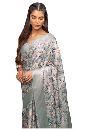 Soch Womens Light Grey Tussar Floral Print Saree With Zari Woven