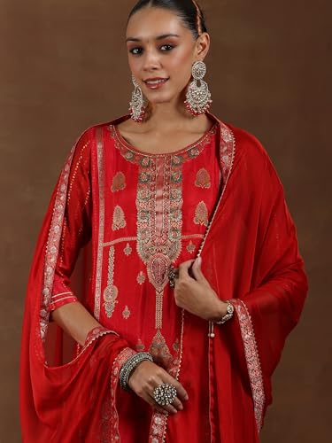 Libas Womens Woven Design Silk Blend Straight Kurta with Trousers and Dupatta