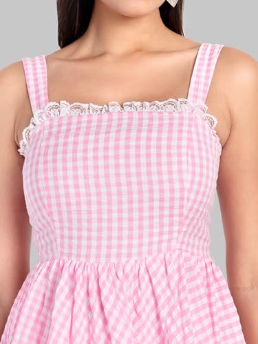 GIIRA Pink Gingham Balloon Sundress, Sleeveless Mini Dress with Lace Trim, Smocked Back, 100% Cotton (in, Alpha, L, Regular)