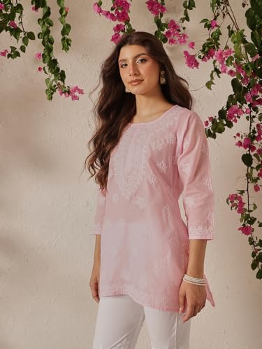 Ada Hand Embroidered Lucknow Chikankari Straight Round Neck Cotton Short Kurti Top for Women A911323 (6XL, Pink)