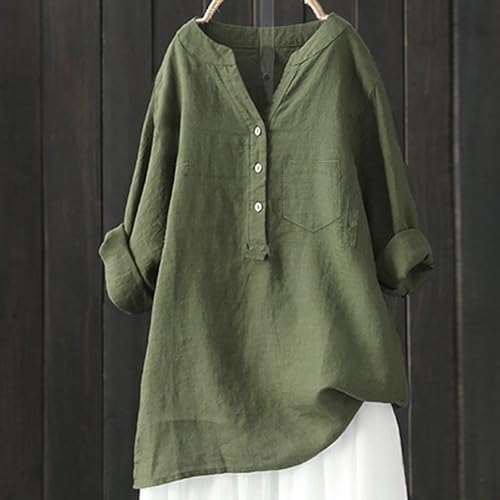 Plus Size Tops for Women Long Sleeve Casual Tunics Linen Button Down Shirt Tunic 2025 Spring Casual Loose Work Tops, 02#army Green, Small