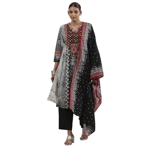 Biba Women Black Cotton Straight Suit Set_34