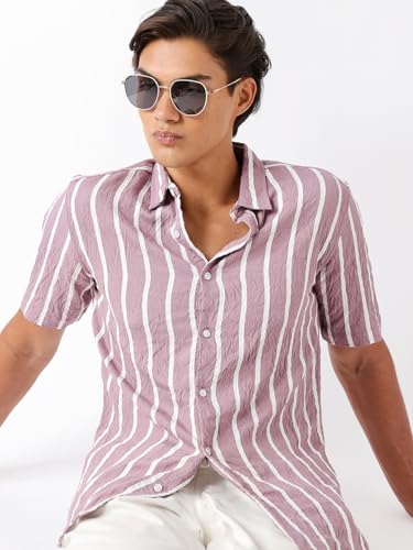 THE BEAR HOUSE Men Regular Fit Short Sleeve Striped Shirt Pink