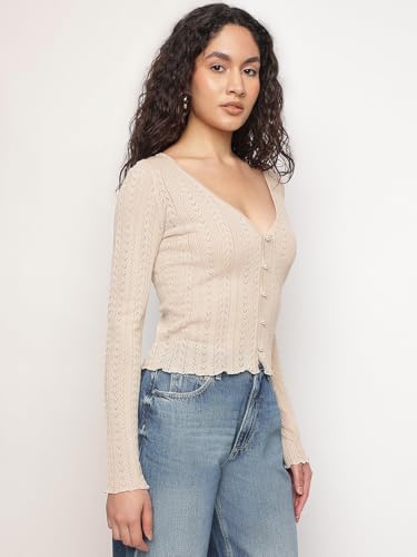 GUESS Beige Self Design V-Neck Amira Shiny Yarn Cardigans