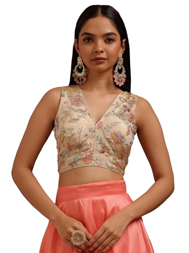 Soch Womens Light Gold Tissue Embroidered Padded Blouse with Zari