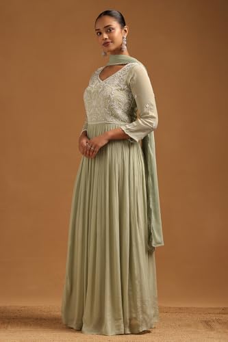 Soch Womens Sap Green Chinon Floral Gown with Cutwork and Stones