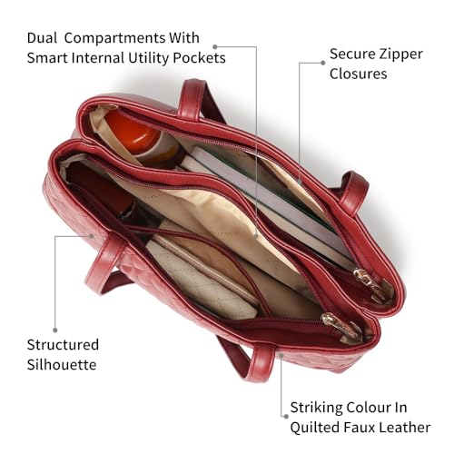 Fastrack GridGlam Cherry Shoulder Bag | Faux-Leather Women’s Handbag | Quilted Shoulder Bag with Dual Zipper Compartments