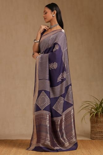 Soch Womens Purple Viscose Block Print Saree