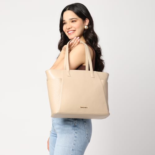 Fastrack Gridlock Tote | Woven Faux-Leather Women's Handbag | Laptop Tote with Textured Side Pockets & Gold Hardware