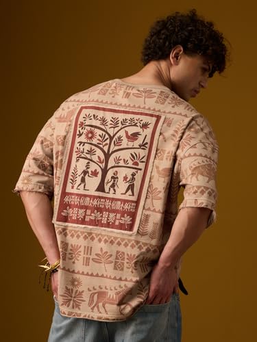 The Souled Store Nomad: Indus Brown Men and Boys Short Sleeves Round Neck Graphic Printed Tribal Casual Drop Shoulder Streetwear Trendy Super Oversized T-Shirt