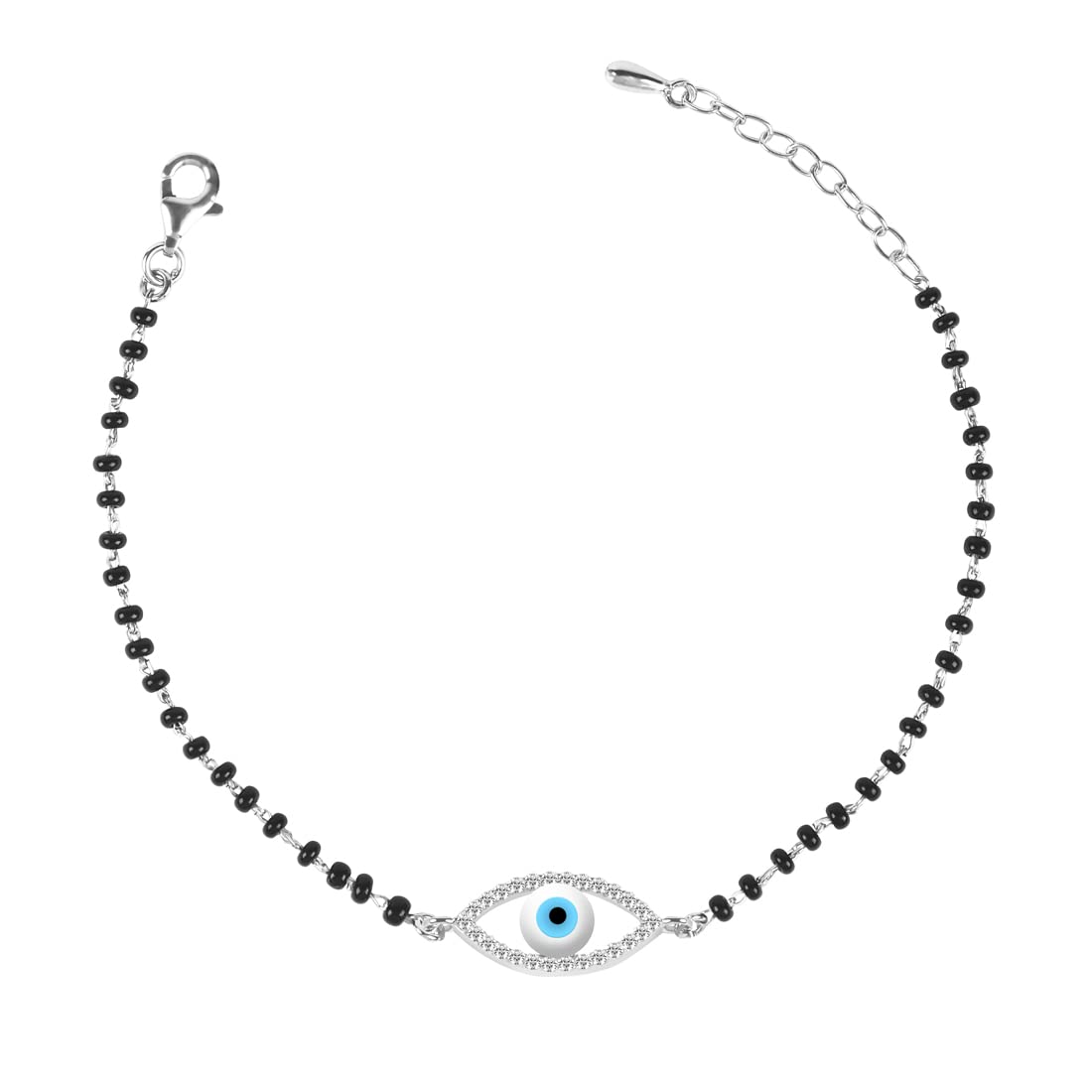 Clara Womens 925 Sterling Silver Evil Eye Halo Hand Mangalsutra Bracelet | Black Beads, Rhodium Plated | Gift For Wife