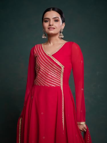 FUSIONIC Red Gota Patti Embellished Gown with Dupatta