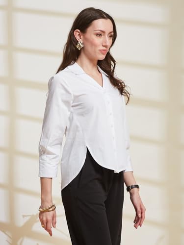Latin Quarters Women's White Solid Spread Collar 3/4Th Sleeve Casual Shirt_XXL