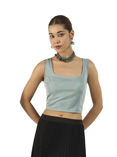 Vaararo Pearl Touch Lycra Shimmery Readymade Sleeveless Blouse for Women | Square Neck Western Choli Top Mint Green XXX-Large